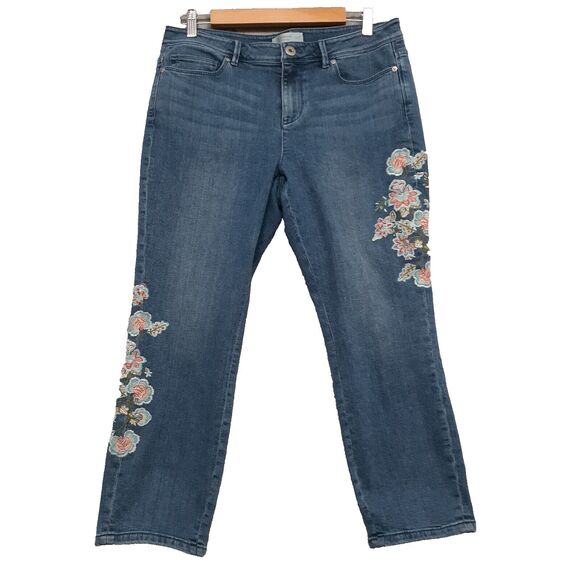 J. Jill Authentic Fit Cropped Jeans Womens 10 Blue Embroidered Flowers Denim - Picture 1 of 10